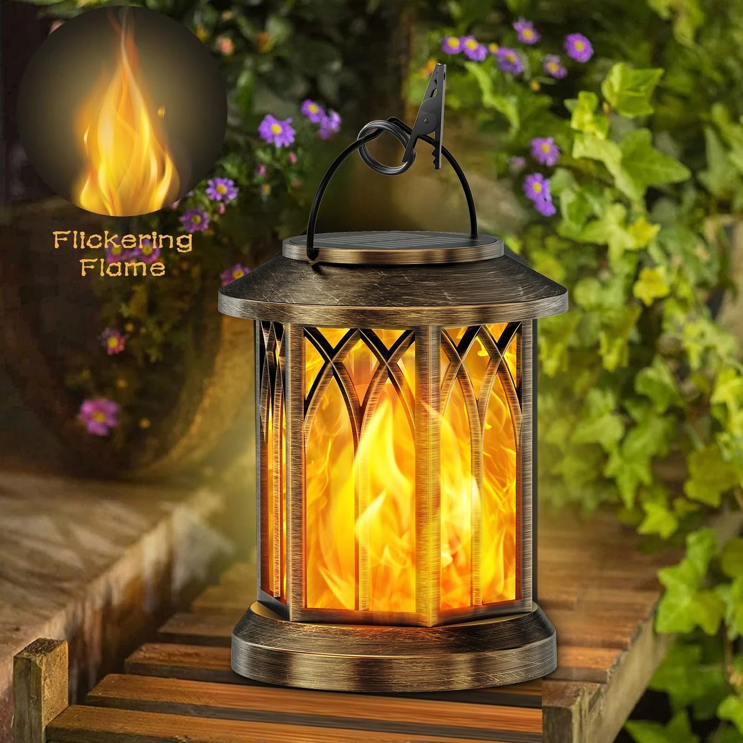 2-Pack Flickering Flame Solar Lanterns | Hanging Outdoor Garden Lights in Bronze & Black