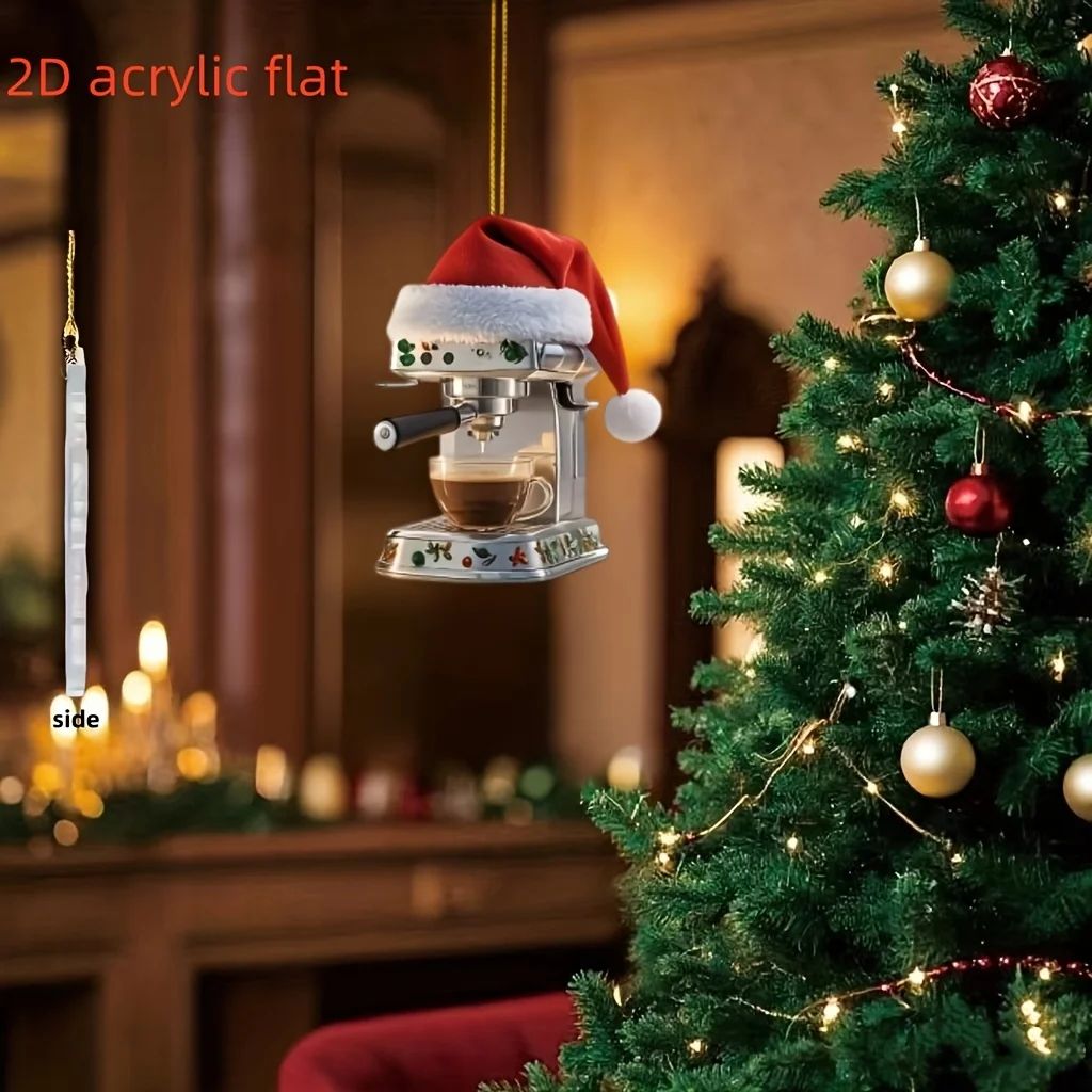 2D Acrylic Coffee Machine Christmas Ornament – Adorable Holiday Coffee Lover Tree Pendant, 3 pcs