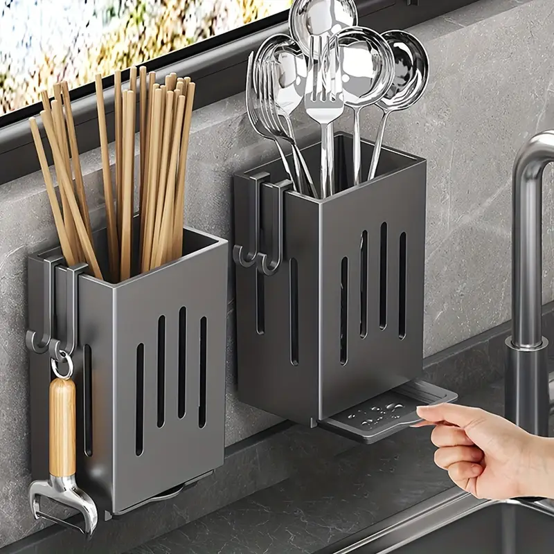 Wall-mounted Chopstick Holder for Kitchen Sink Punch-free Drain Rack with Water Tray & Hook