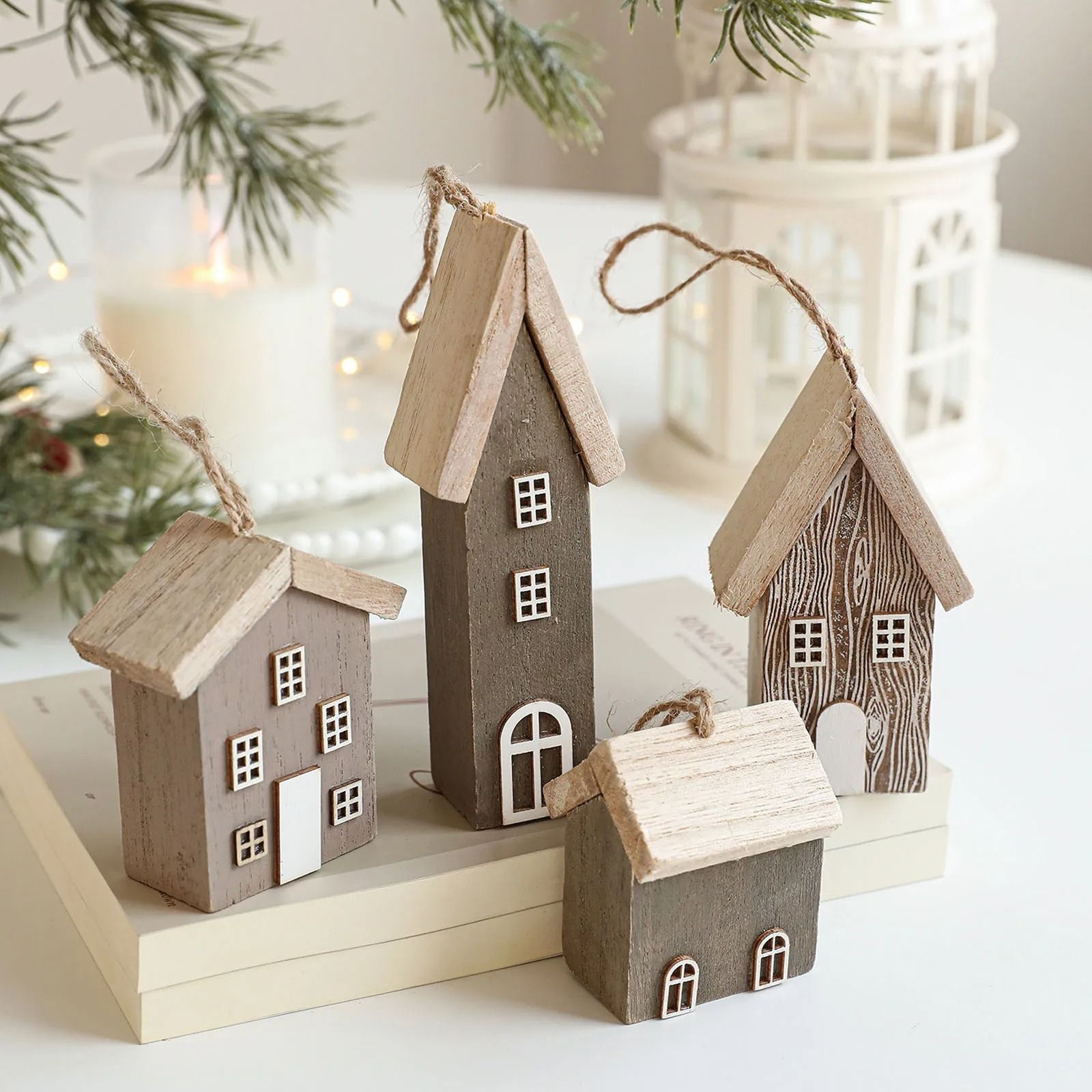 Wooden Christmas House Ornament Rustic Tree Hanging Holiday Decor