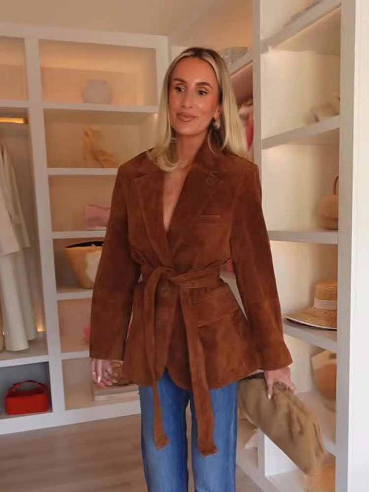 Elegant Women Casual Autumn Coat Lace Up Detail Turn Down Collar Jacket Long Sleeve Button Pocket Jacket