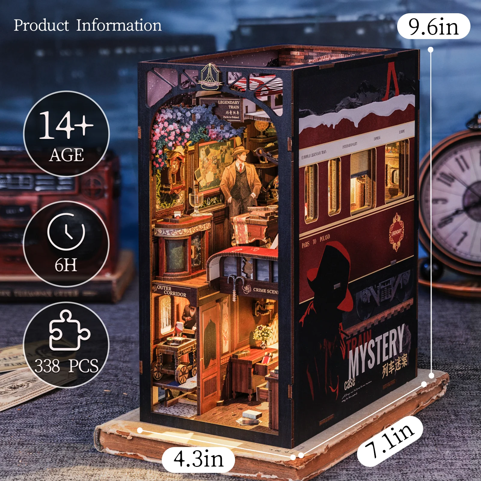 Detective Train Mystery DIY Book Nook, 3D Wooden Dollhouse Puzzle with Touch Light & Bookshelf Insert – Unique Gift Idea
