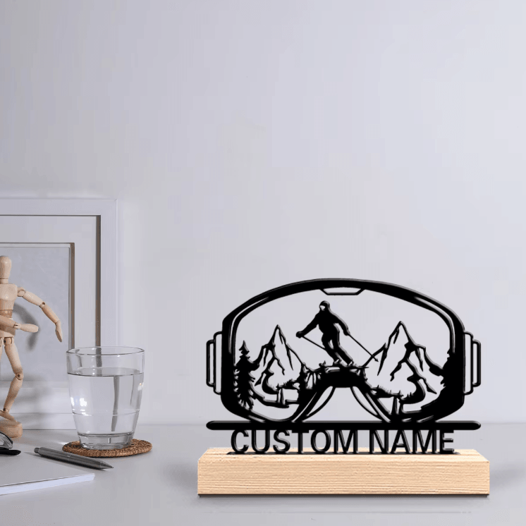 Personalized Skiing Metal Statue – Custom Name Ski Goggles Desk Ornament with Wooden Base