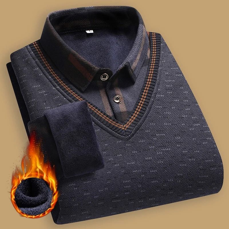 Mens Fleece Lined Knitted Pullover Sweater with Polo Collar for Autumn and Winter Wear