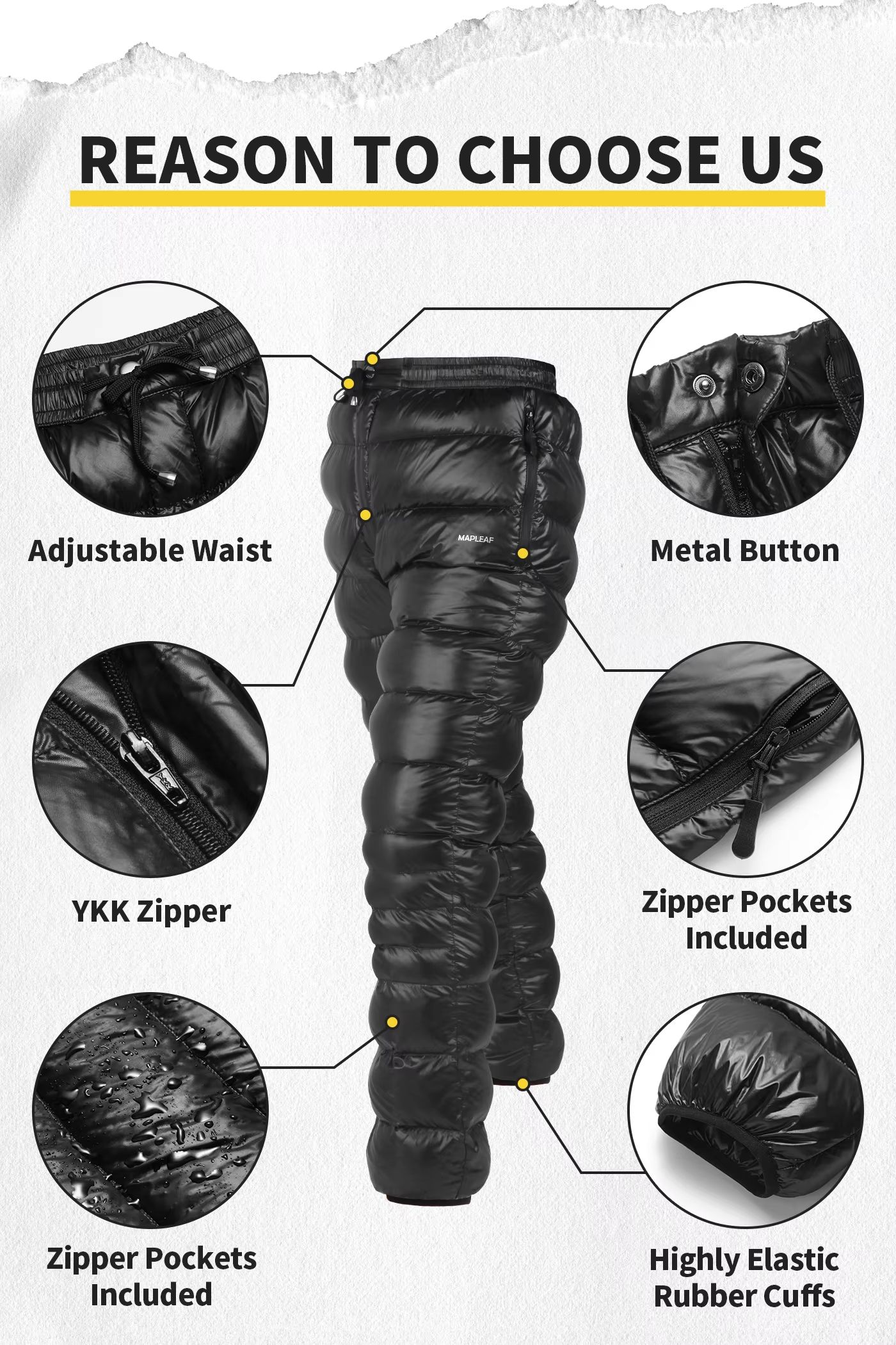 MAPLEAF Ultralight Warm Down Pants 800FP Windproof Waterproof Ski Snow Trousers