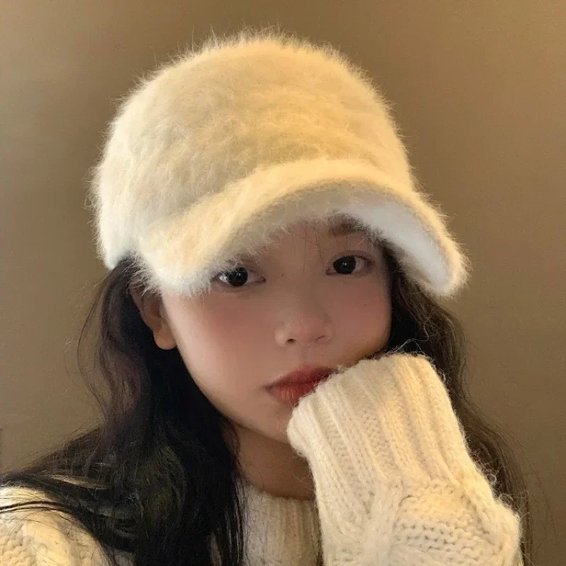 Korean Warm Rabbit Hair Baseball Cap Women, Autumn Winter Solid Color Plush Duck Bill Hat