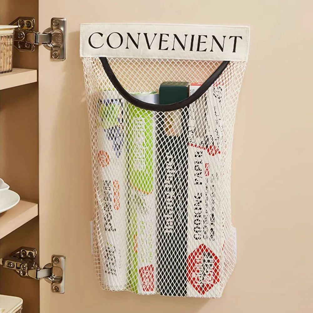Wall-Mounted Mesh Garbage Bag Holder – Large Capacity Hanging Storage Organizer Net for Kitchen Bags, Wraps & Essentials
