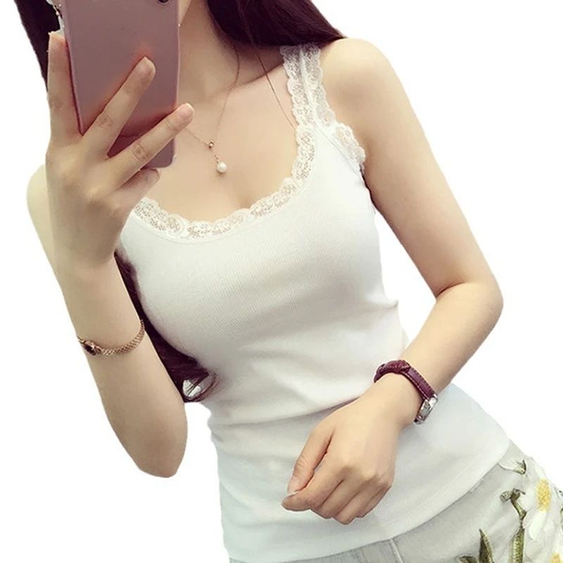 Women's Black Lace Trim Sleeveless Tank Top – Loose Cotton Blend Camisole Vest