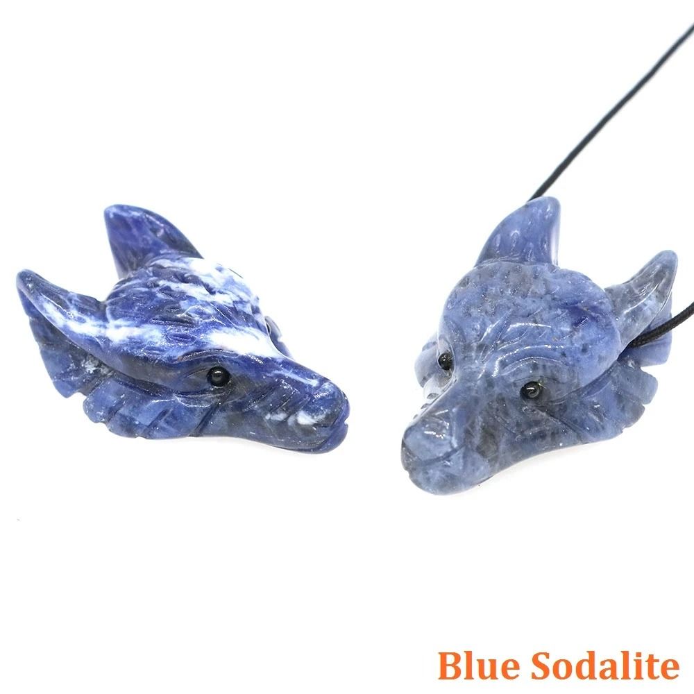 Natural Hand-Carved Wolf Head Crystal Pendant