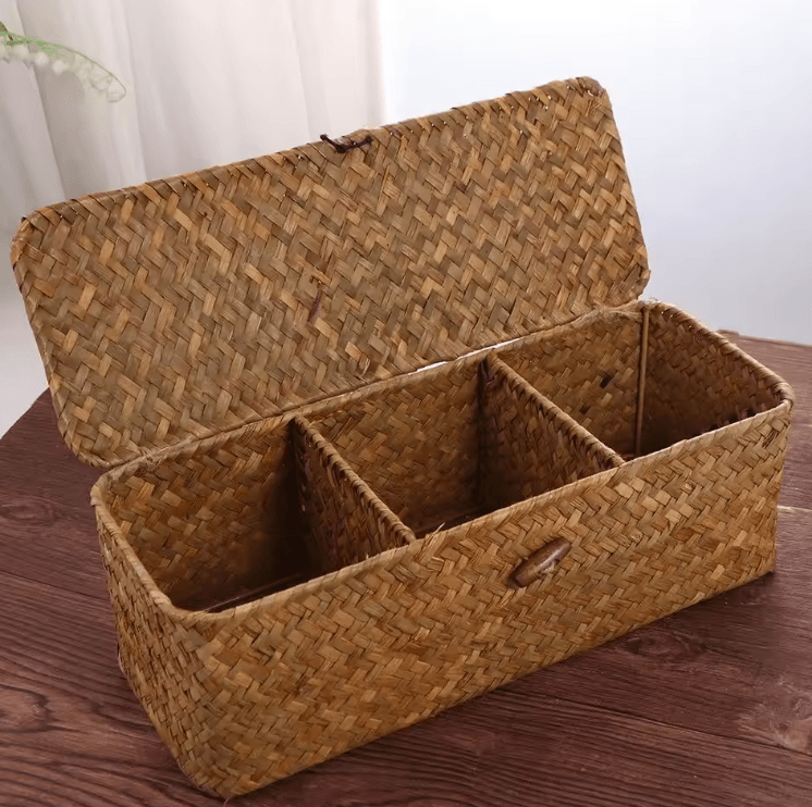 3-Grid Handwoven Storage Basket with Lid – Dust-Proof Rectangular Organizer Box
