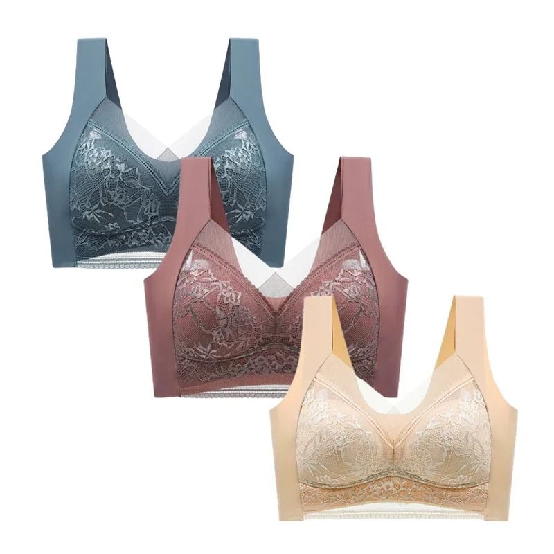 FallSweet 3 Pack Lace Push Up Bra Wireless Deep V Bralette Set L to 5XL