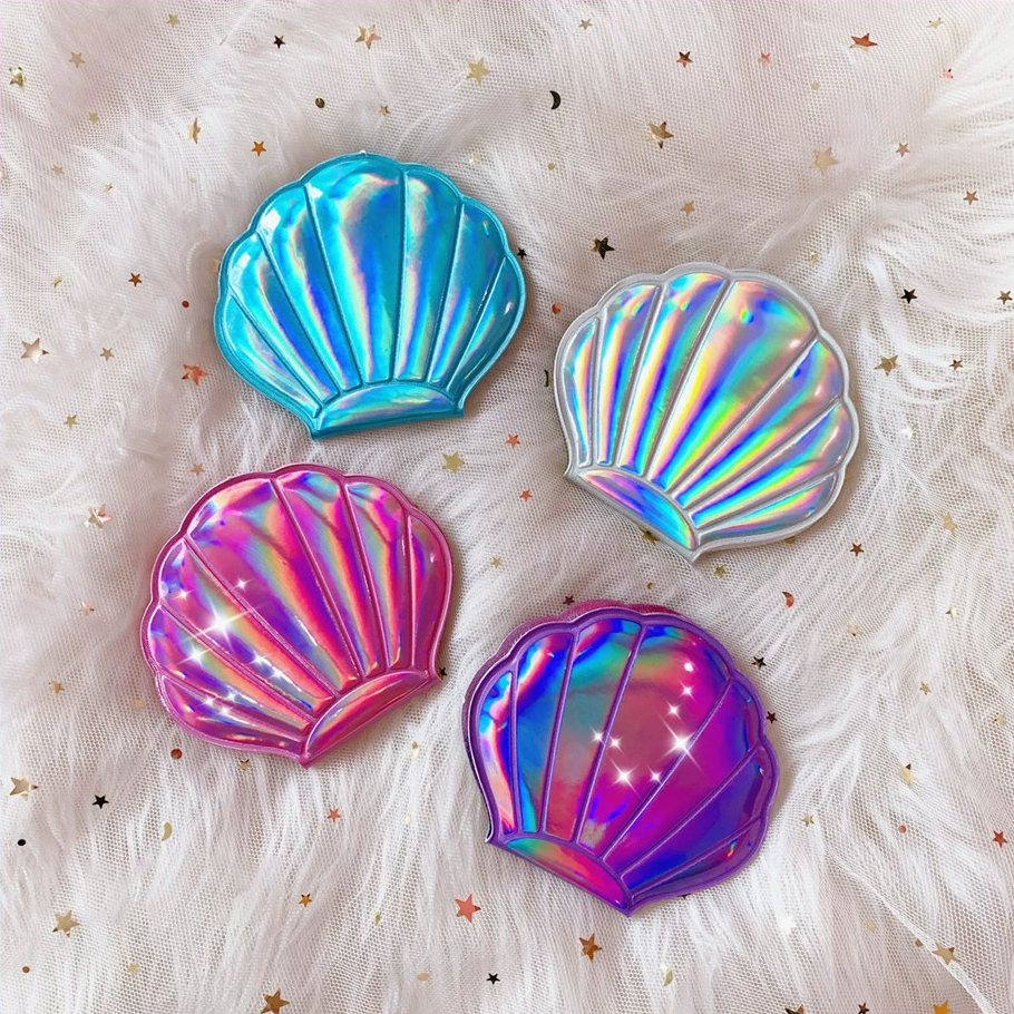 Portable Color Shell Shape Makeup Mirror, Double Sided Magnifying Mirror, Travel Beauty Cosmetic Tool