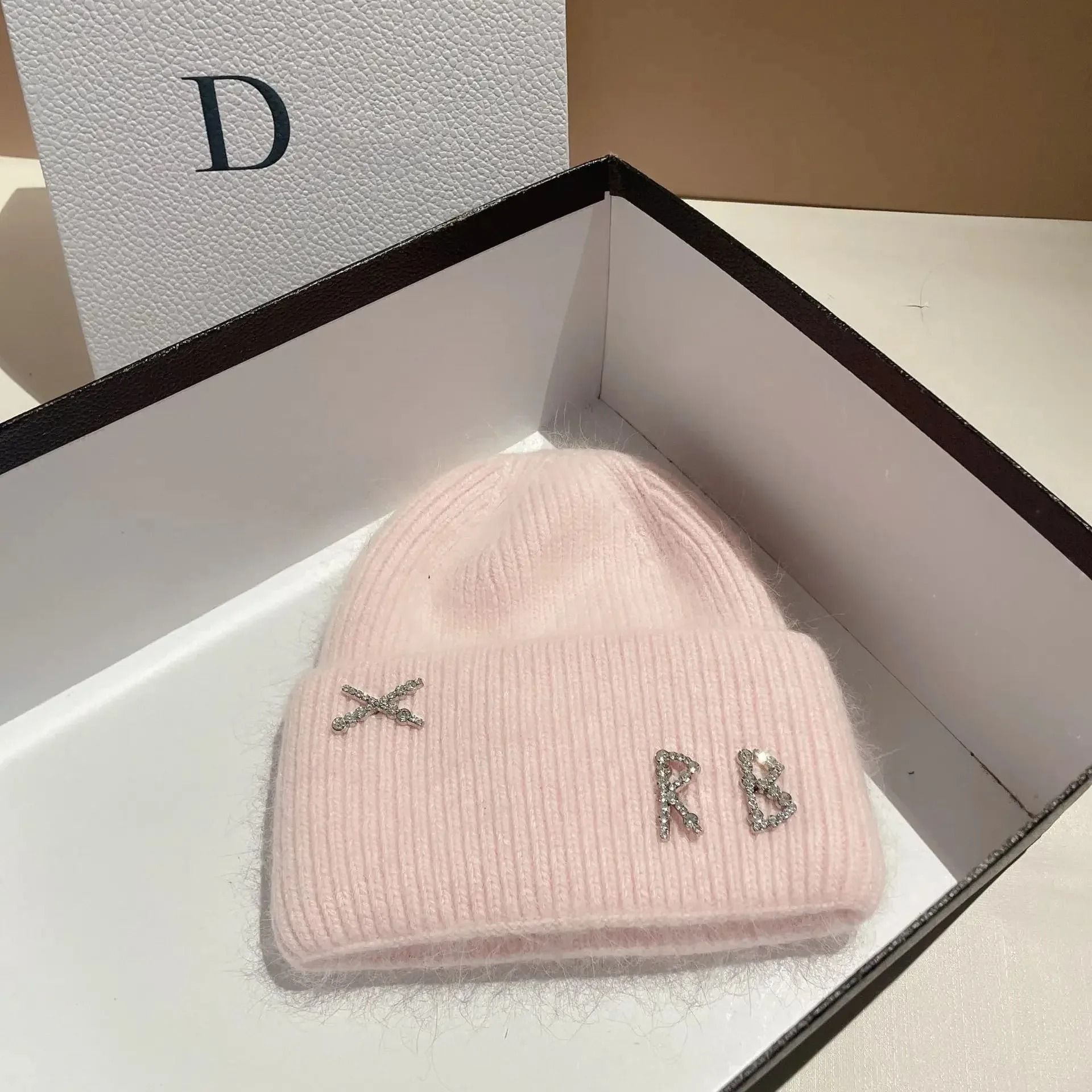 Diamond-Embellished Rabbit Fur Blend Thermal Beanie