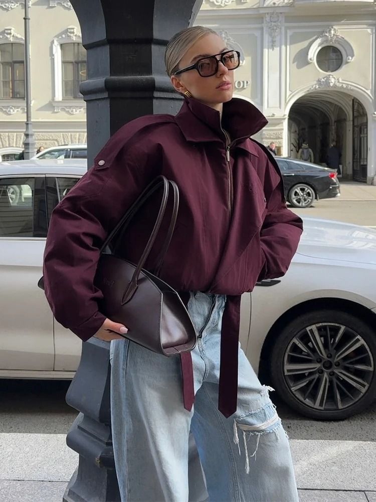 Womens Burgundy Bomber Jacket with Zipper and Stand Collar