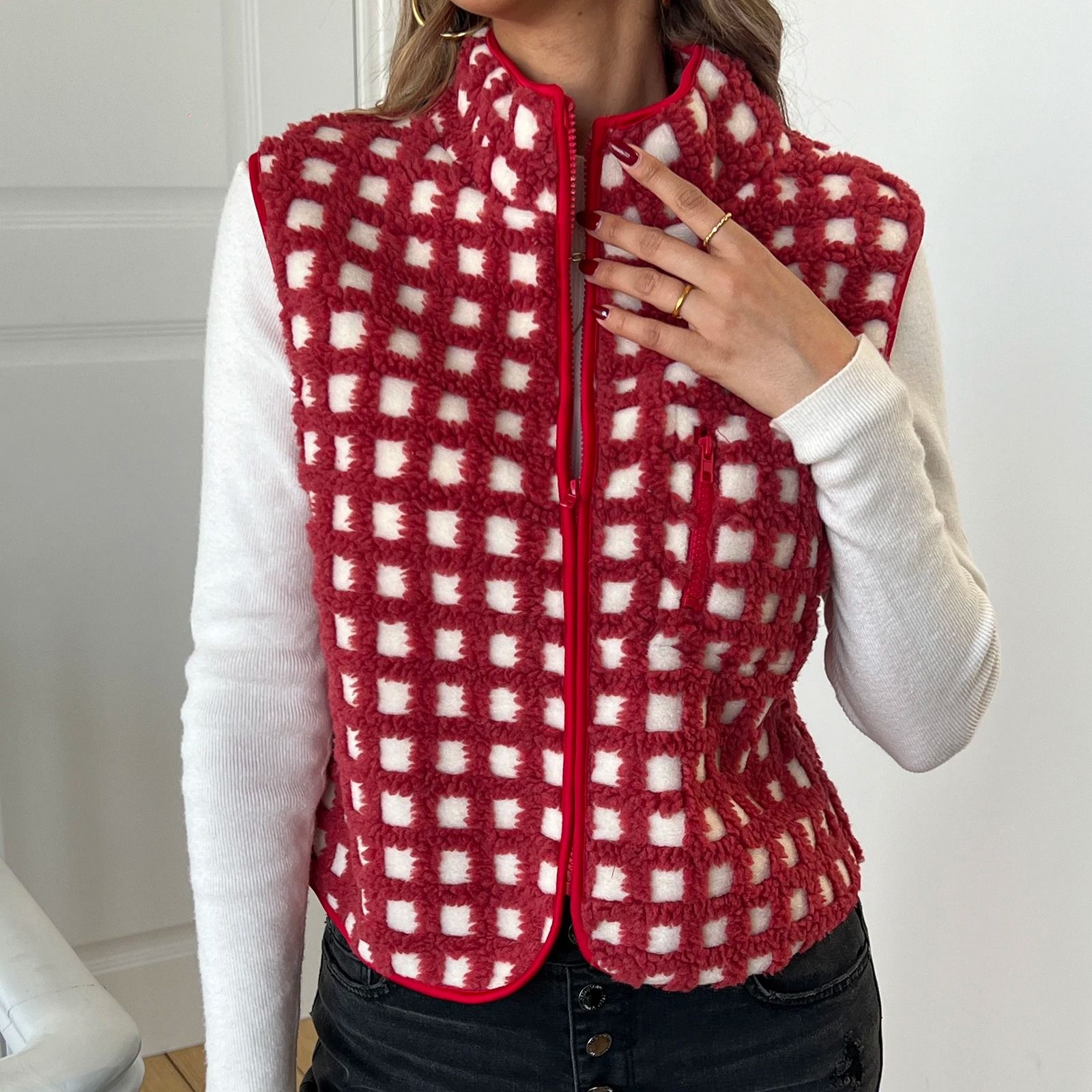 Womens Fuzzy Checkered Vest Zip Up Sleeveless Jacket Vest Warm Stand Collar Casual Outwear