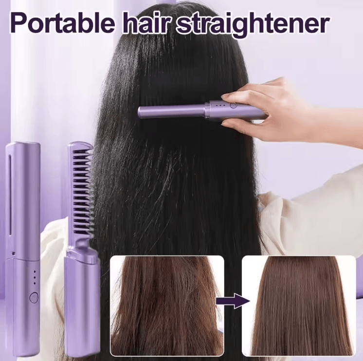 Portable Cordless Ceramic Hair Straightener Comb – 2-in-1 Mini Styling Brush for Short Hair