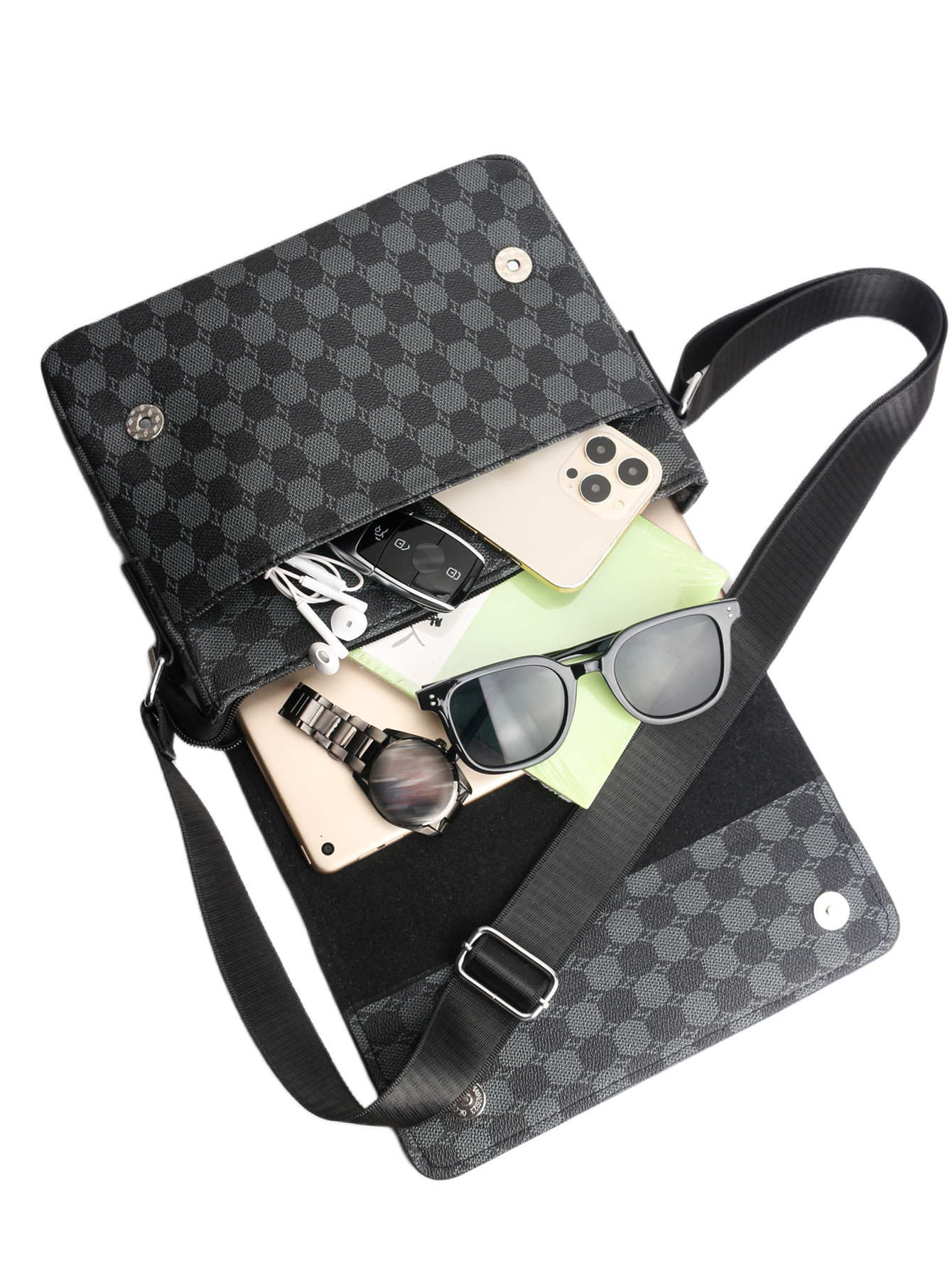Mens Crossbody Business Briefcase Fashionable Plaid Large Capacity Shoulder Bag