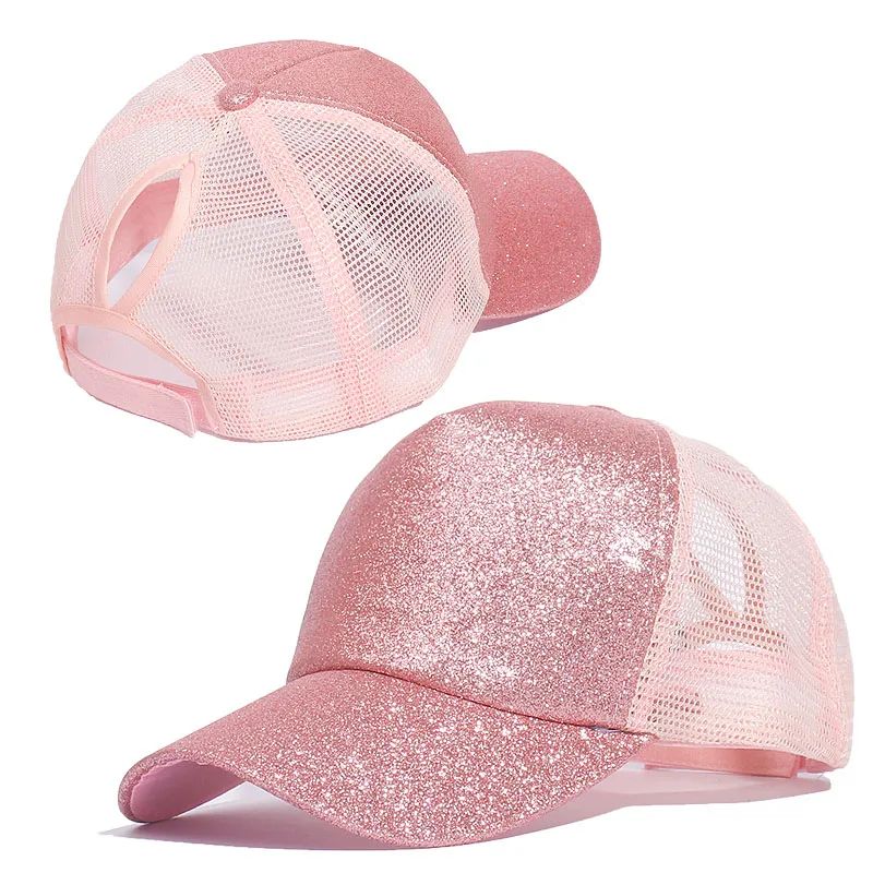 Sequin Ponytail Baseball Cap for Women – Shiny Messy Bun Summer Snapback Hat