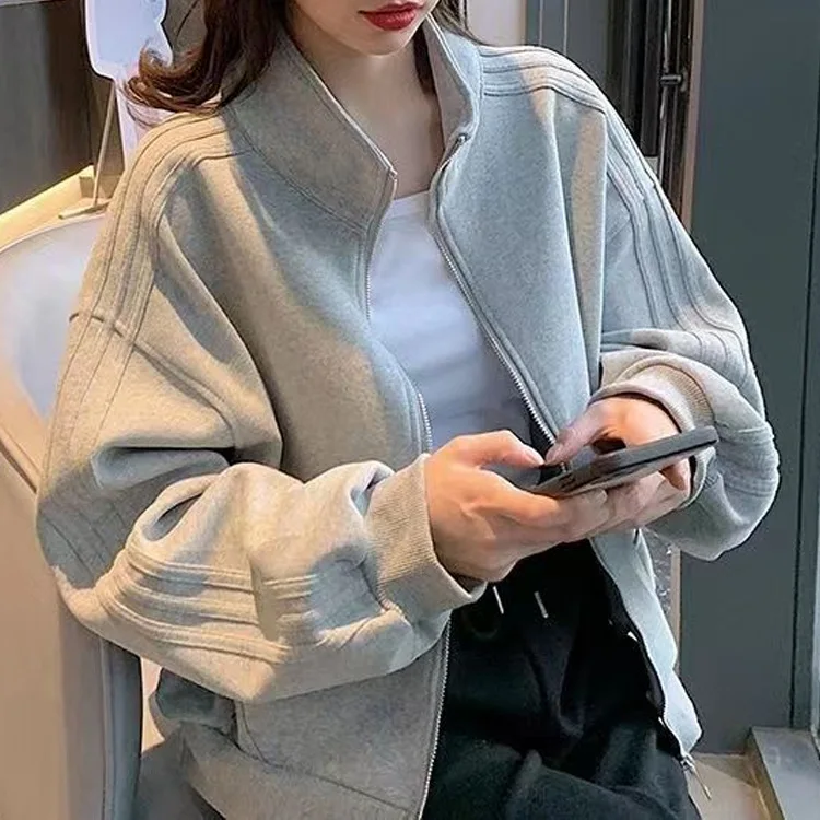 Women's Short Sweatshirt Jacket, Versatile Loose Fit Casual Style, Three Stripe Autumn Winter Jacket