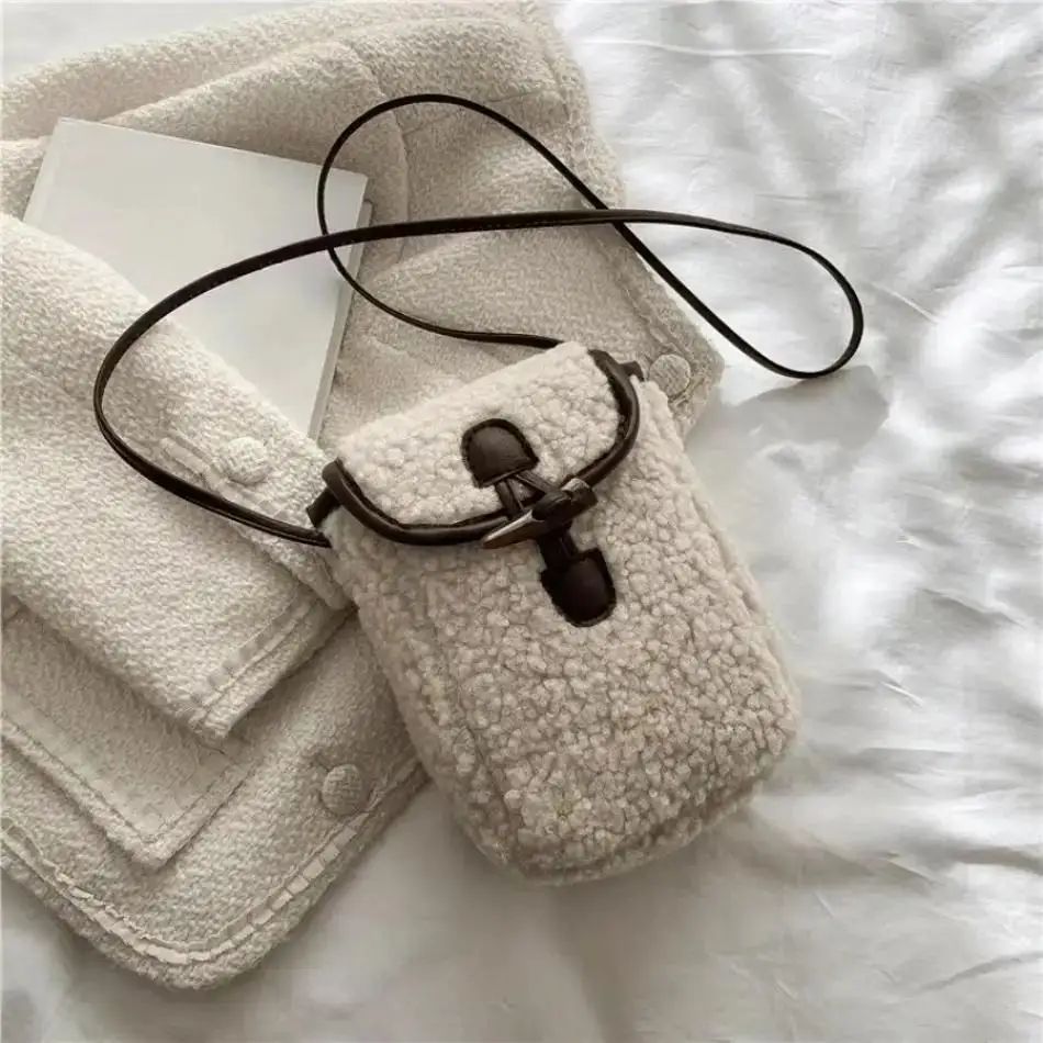 Women Retro Lamb Fleece Crossbody Phone Bag – Minimalist Color-Block Shoulder Mini Bag