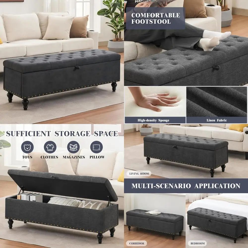 51.8in Dark Gray Linen Storage Ottoman Bench – Large Upholstered Rectangular Seat with Safety Hinges