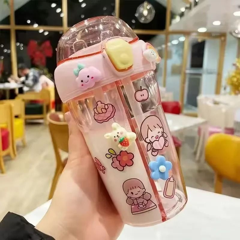Kids Water Bottle with Double Straw Leak Proof Cute Plastic Bottle 430ml