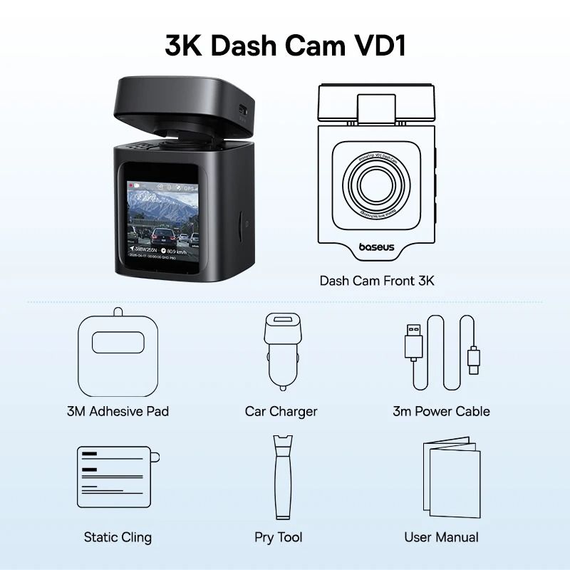 Baseus VD1 3K Dash Cam Front and Rear with GPS and 24H Parking Monitor