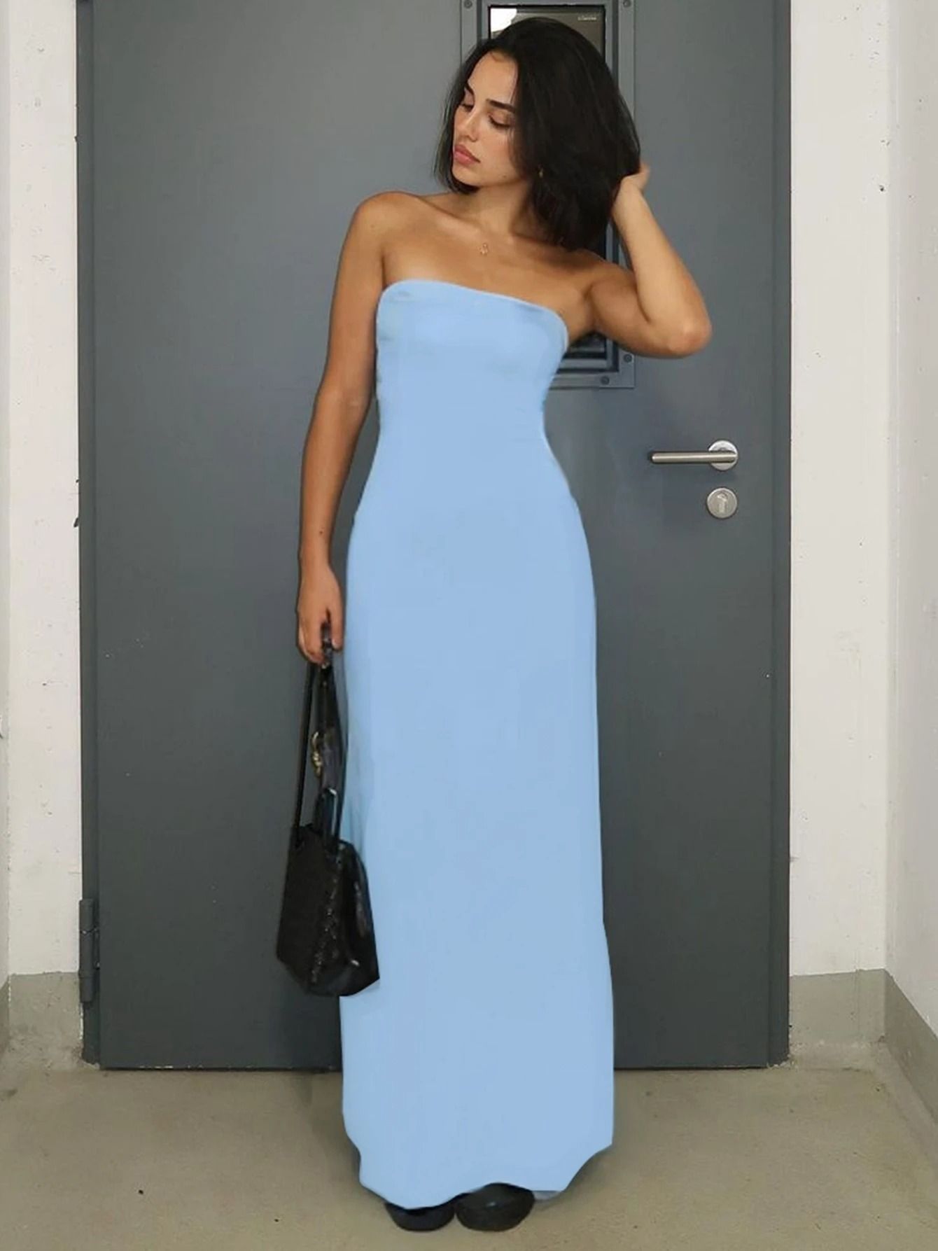 Hugcitar Black Strapless Long Sleeve Bodycon Maxi Dress