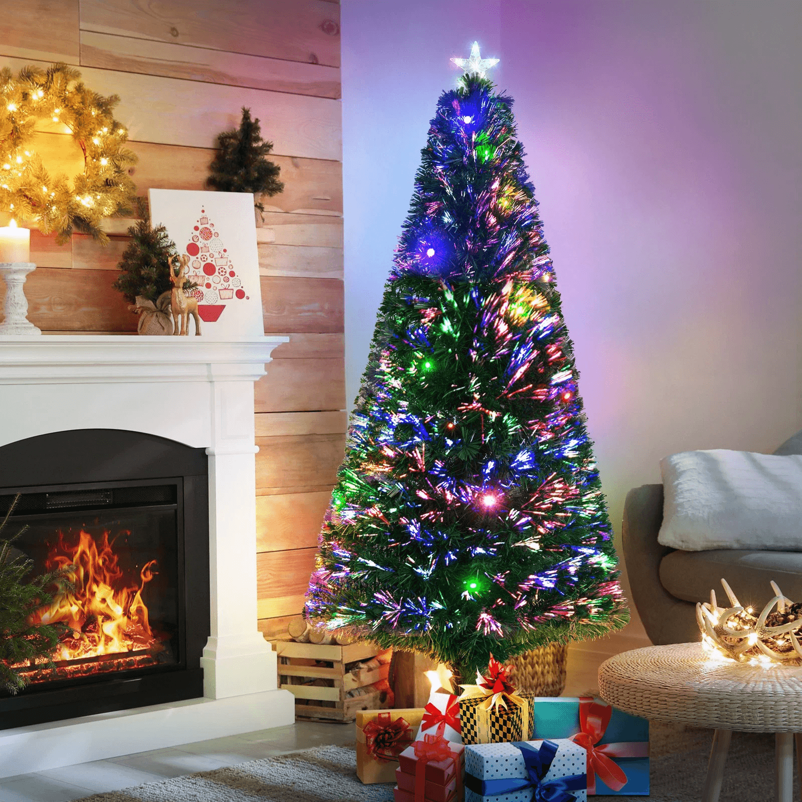Fiber Optic Artificial Christmas Tree Pre Lit with Multi Color LED Lights, Dense Tip Holiday Decor, Sturdy Metal Base