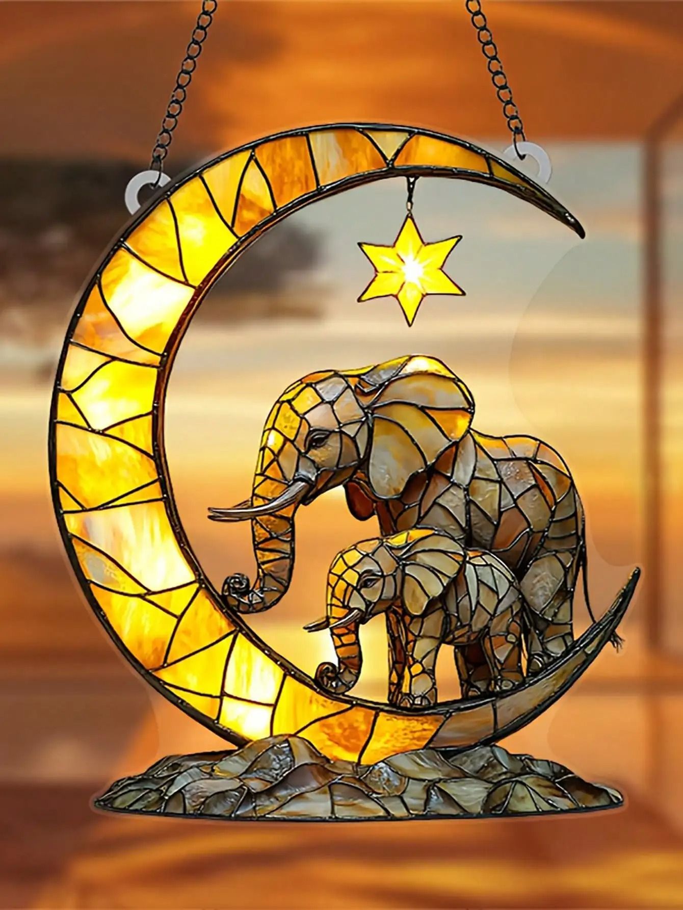 Elephant Family & Crescent Moon Suncatcher | Stained-Glass Style Window Pendant & Garden Accent