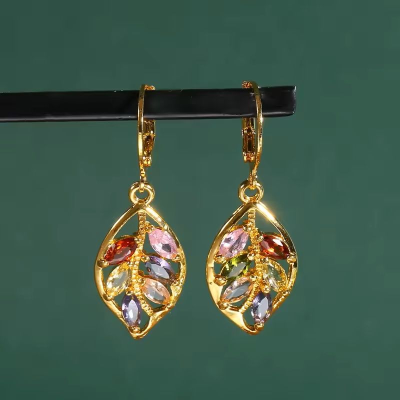Golden Leaf Zircon Earrings – Elegant Colored Crystal Jewelry Gift for Women