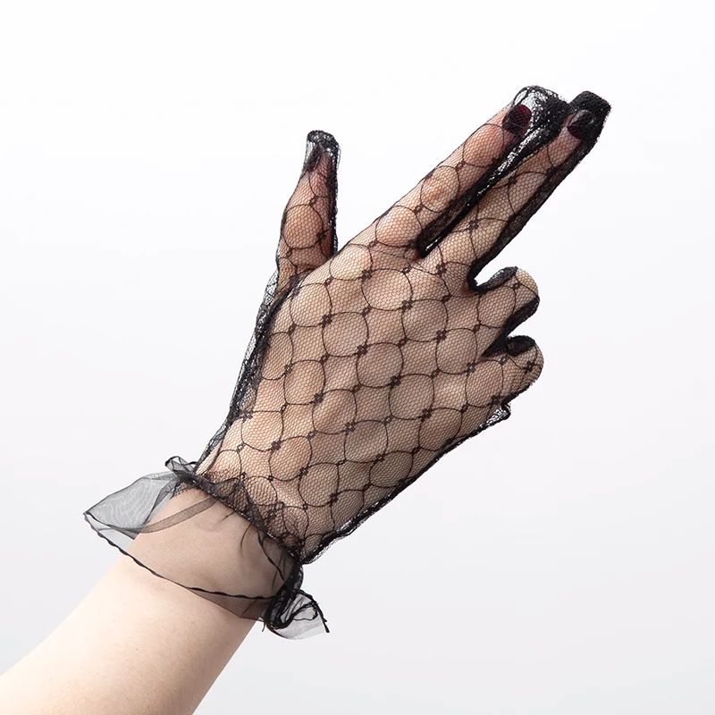 Elegant Sheer Lace Bridal Gloves – Vintage Black Mesh Tulle Short Gloves for Weddings & Evening Parties