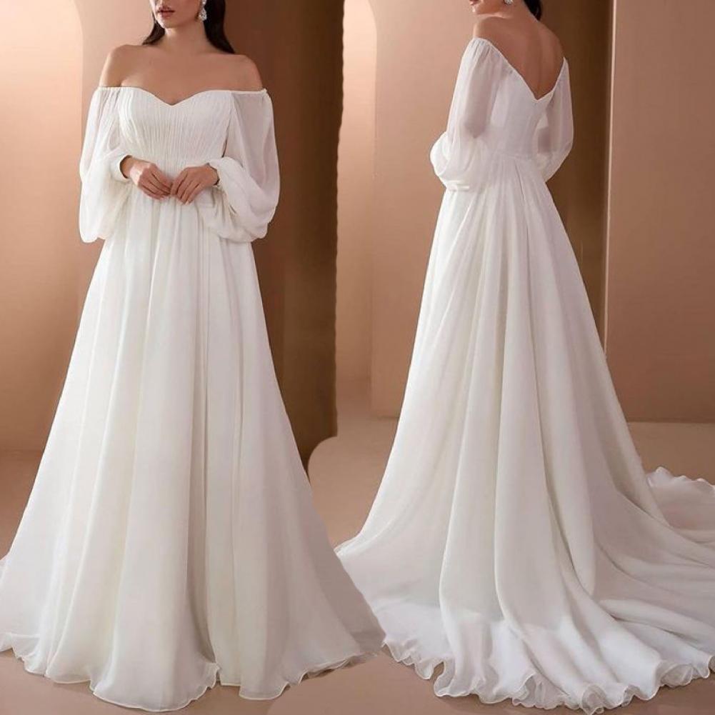 Elegant Womens Off Shoulder Maxi Dress, Sexy Lace Evening Gown Lantern Sleeve High Waist, White Long Flowy Hem Dress