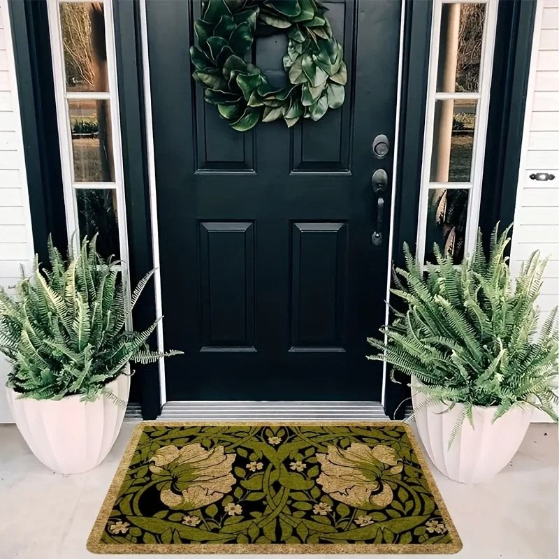 Green Floral Welcome Doormat, Washable Non-Slip Indoor Entryway Rug