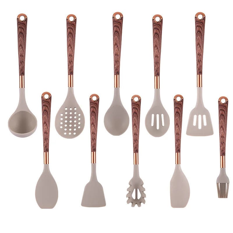 Premium Silicone Kitchen Utensils Set with Gold-plated Wood Grain Handles - Spatula, Spoons, Cooking Tools