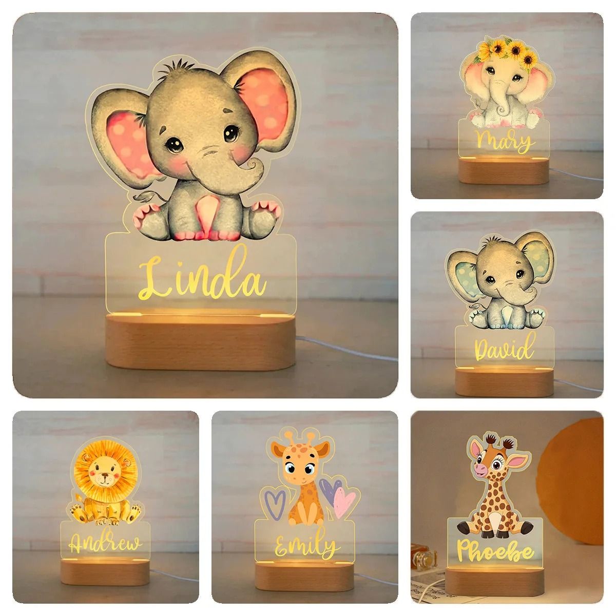 Personalized USB Acrylic Night Light – Custom Name Animal Designs for Modern Baby Nurseries, Kids Bedrooms