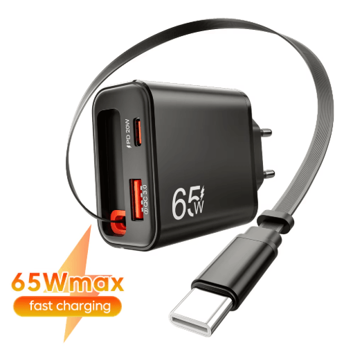 65W USB-C Fast Charger with Retractable Cable for iPhone and Samsung