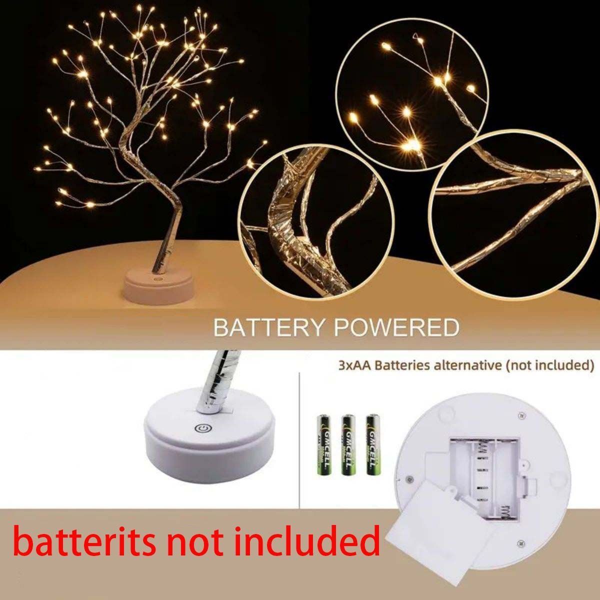 Desk Lamp LED Desktop Night Light, Desktop Bonsai Lamp Shaped, Pearl Gold Leaf, Iron Tree Silver Branch, Star Christmas