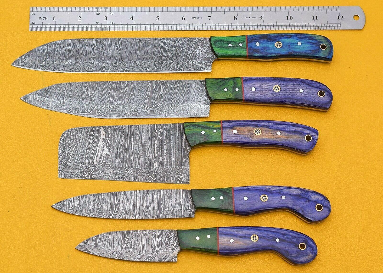 Custom Handmade Damascus Chef Knives Set of 5 with Leather Sheath