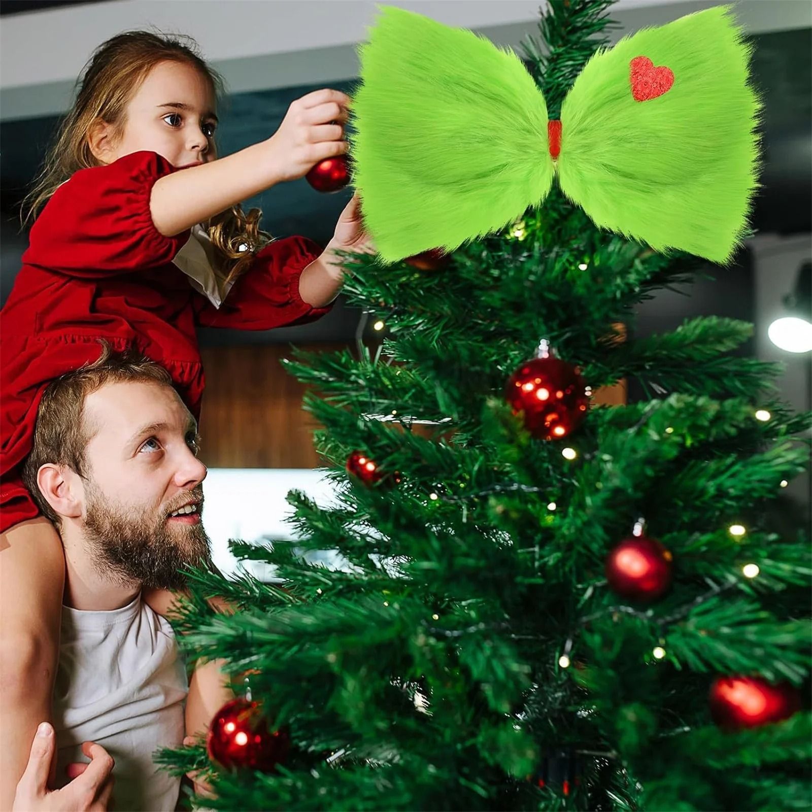 Christmas Grinch Bow Tree Topper Green Furry Holiday Decor