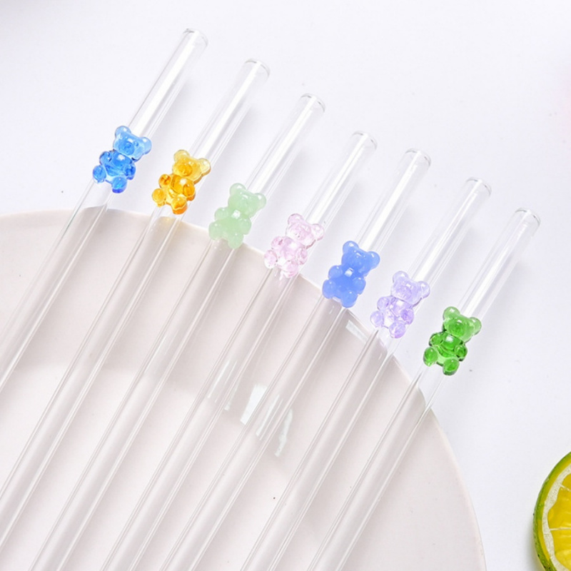 Colorful Bear Glass Straws, High Low Temperature Resistant Bent Design, Household Set with Cleaning Brushes, Perfect