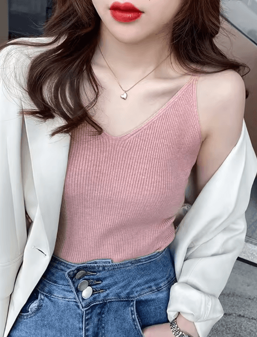 Korean Style V Neck Knit Cami Elastic Suspender Summer Tank
