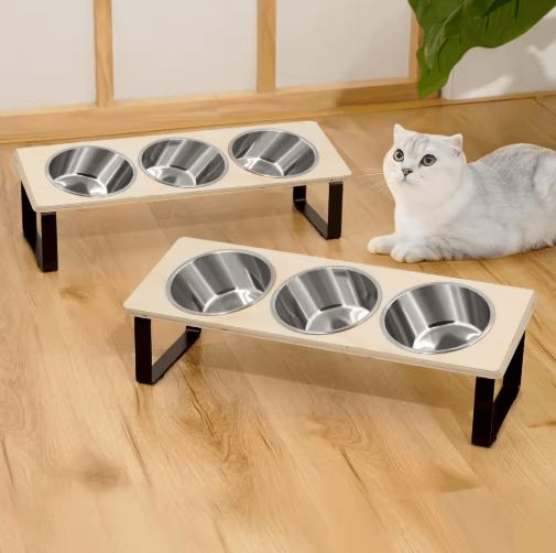 Elevated Cat Bowls Feeder with 15° Tilt & 3 Stainless Steel Bowls