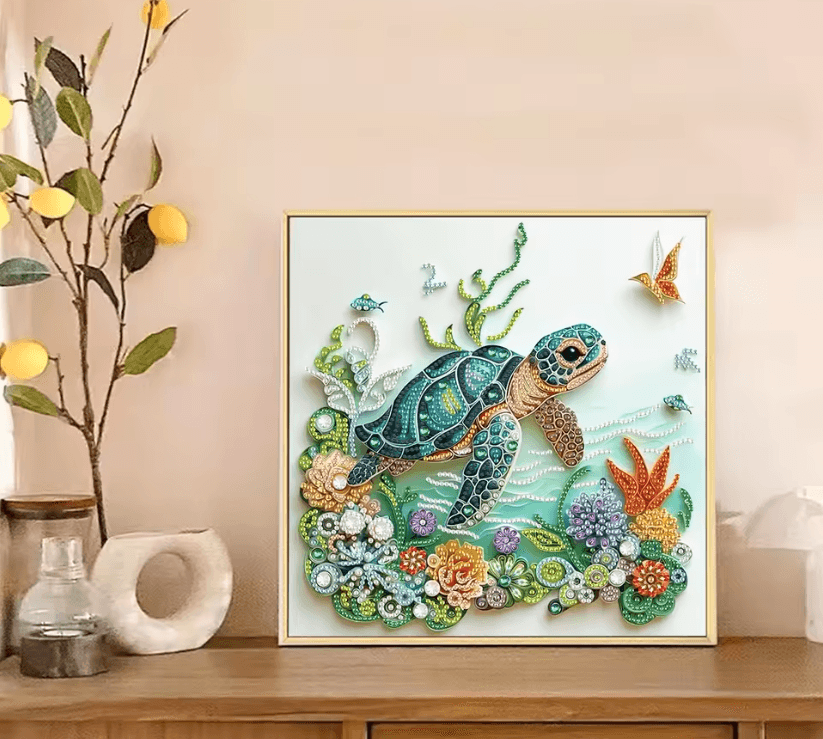 Turtle and Flower 5D Diamond Art Kit – DIY Special Shape Painting for Beginners