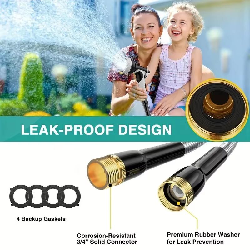 Heavy Duty Garden Hose with Stainless Steel Pipe and Adjustable 10-Function Spray Nozzle
