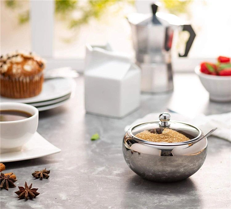 Large Stainless Steel Sugar Bowl with Lid and Spoon