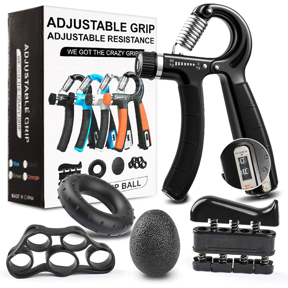 Adjustable Hand Grip Strengthener Set, Finger Exerciser & Stress Ball for Forearm Workout, Wrist Support