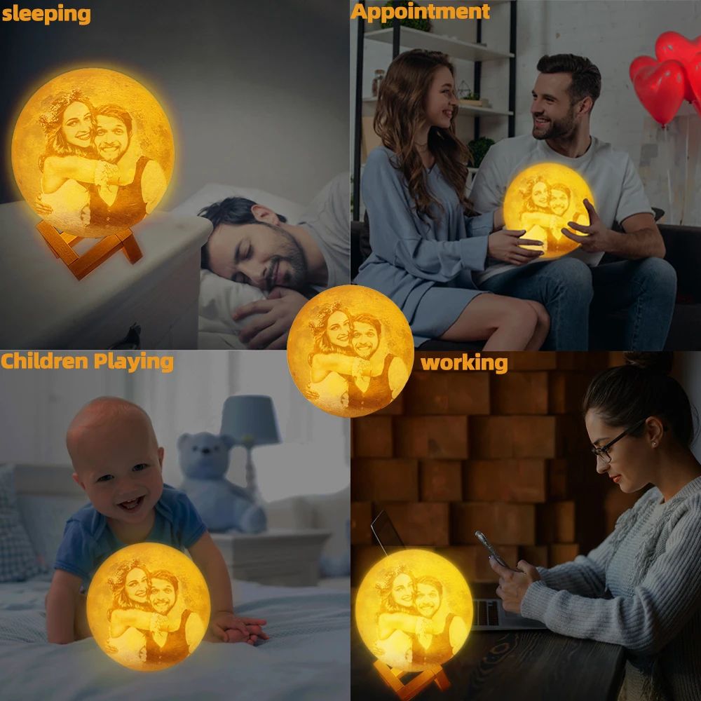 Personalized 3D Printed Moon Lamp with Photo & Text – Custom LED Lunar Night Light USB Rechargeable Gift