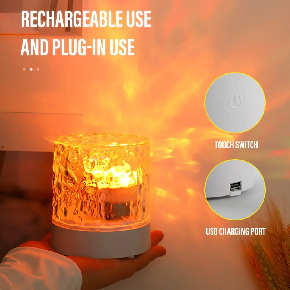 Rechargeable LED Water Ripple Projector Night Light, Remote Control RGB Dimmable Crystal Table Lamp for Bedroom