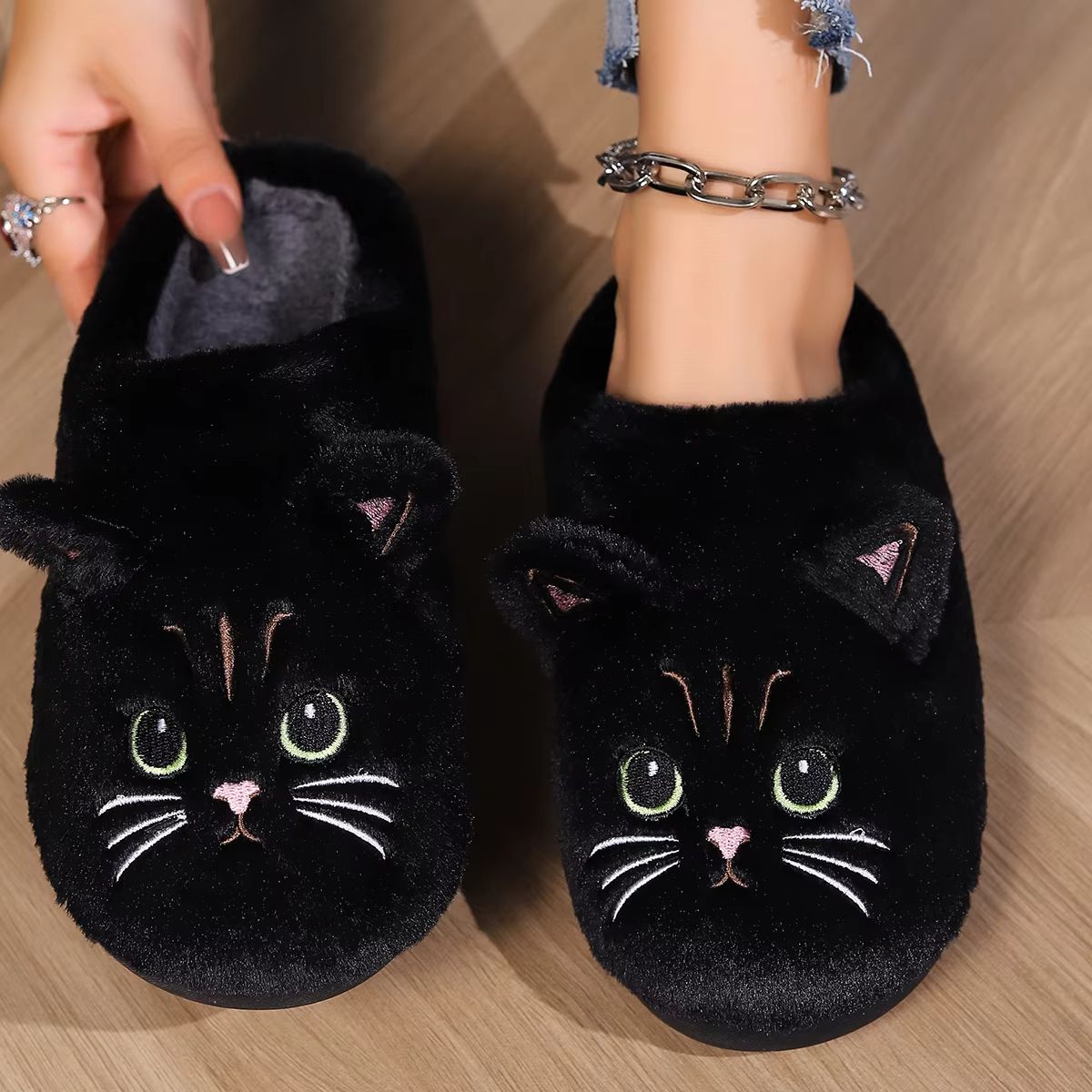 CozyCat Kawaii Fuzzy Slippers Plush Non Slip Home Slippers